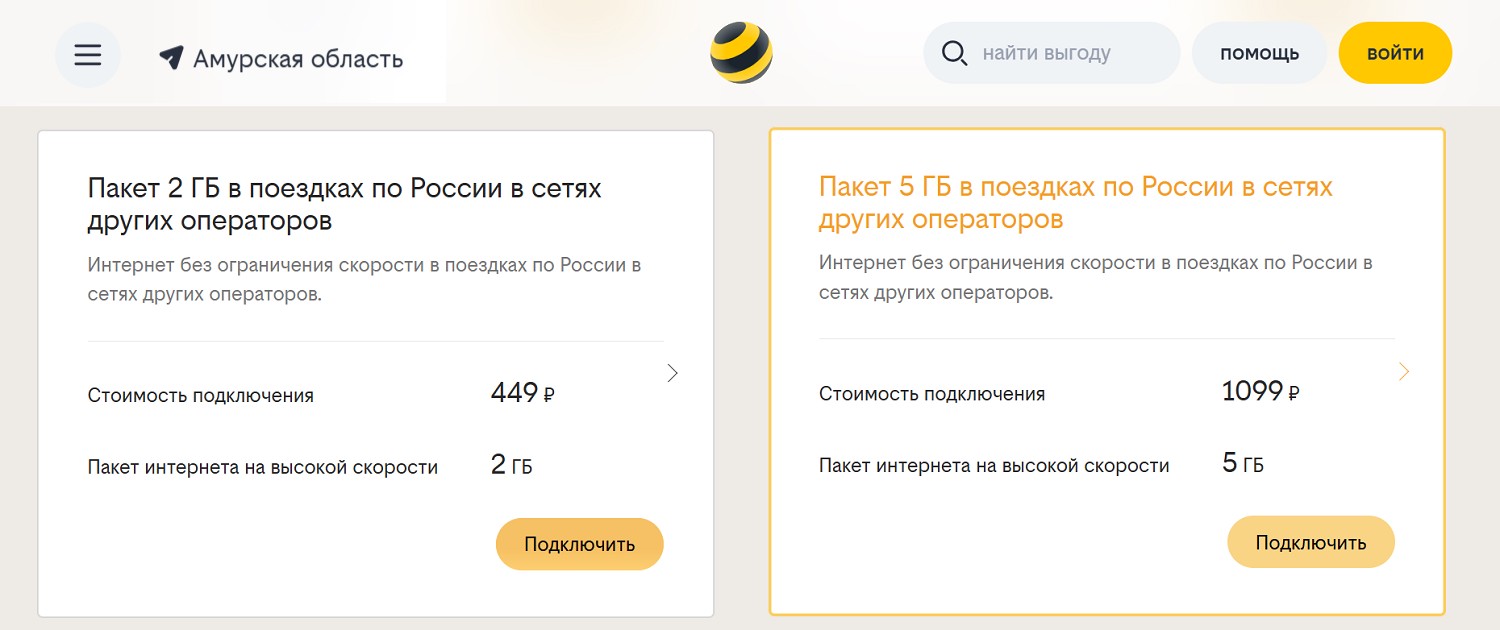 Пакеты интернета билайн в сетях других операторов